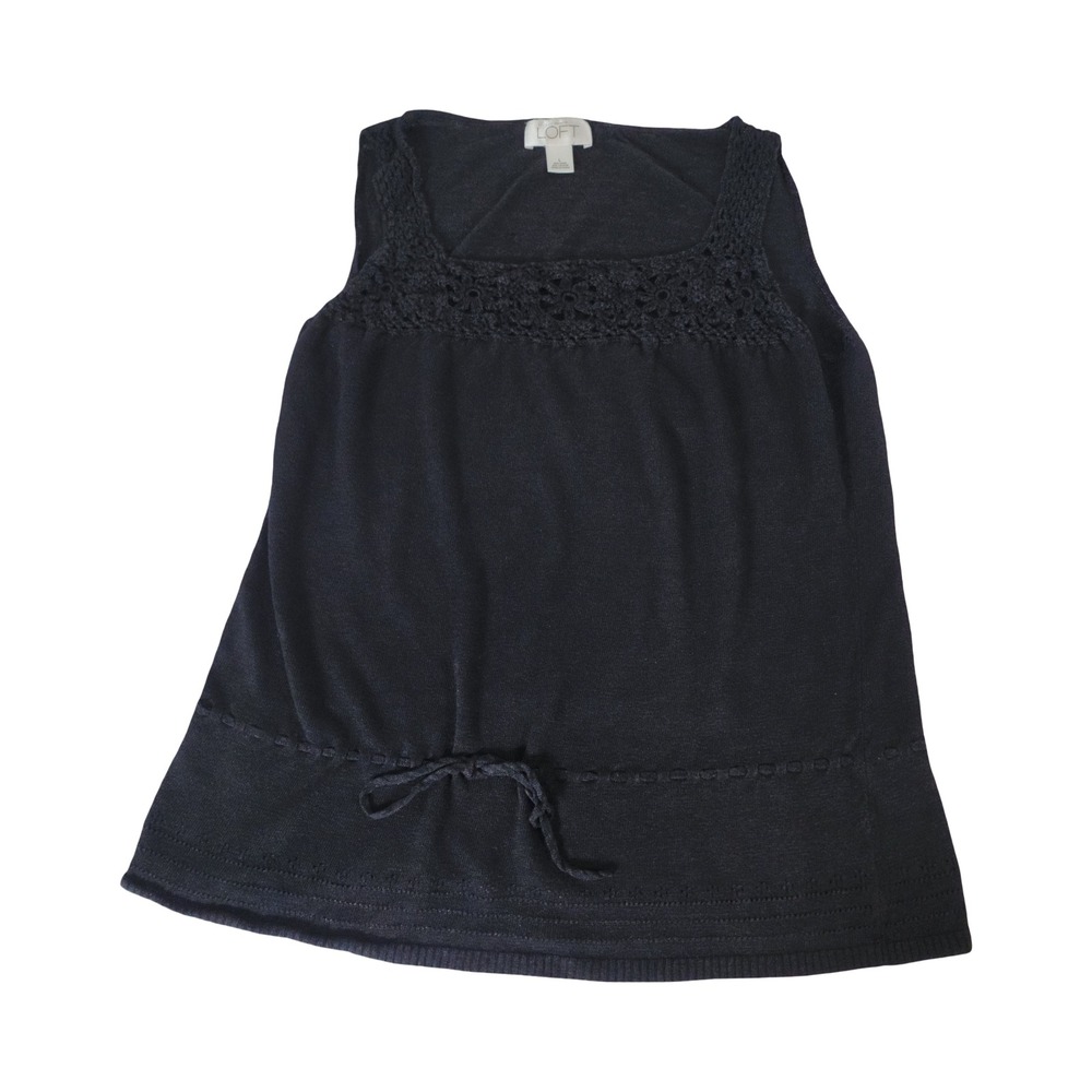 Ann Taylor LOFT Black Linen Blend‎ Crochet Lace Square Neck Tank Top Large